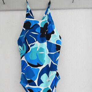 Nautica Women's Cross Back One Piece Swimsuit Into the Jungle Blue SMALL